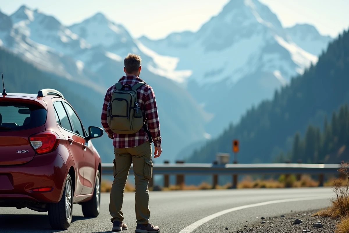 Voyageur regardant la montagne depuis sa voiture
