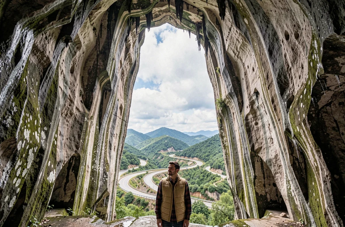 Voyageur solo debout dans l'arche naturelle de la grotte Tianmen avec vue plongeante sur la route des 99 virages en Chine