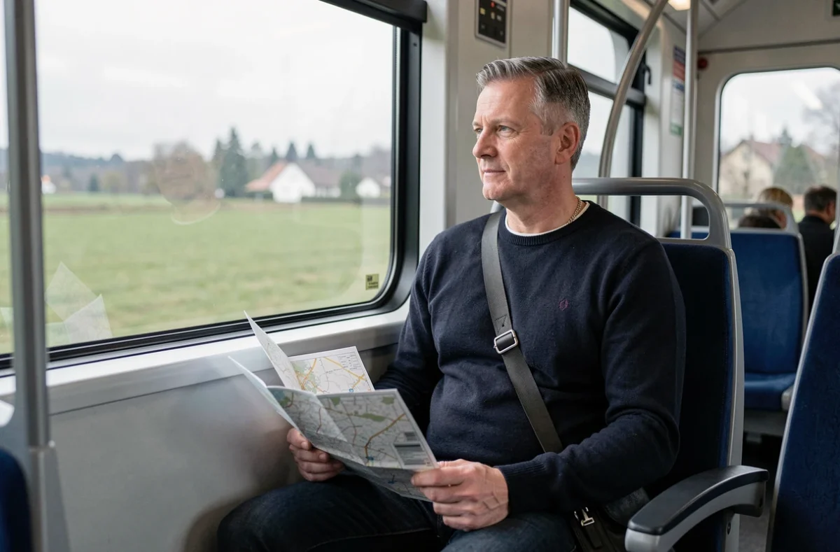 Voyageur en train regardant le paysage allemand depuis la fenêtre en route vers Speyer