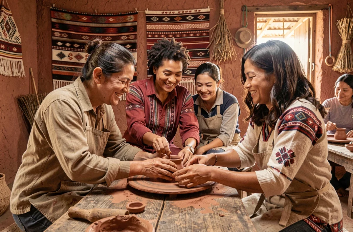 Groupe de voyageurs participant à un atelier artisanal traditionnel en Amérique du Sud, échange culturel authentique et immersion locale
