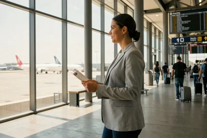 Voyageuse dans un terminal d'aéroport californien tenant une carte d'embarquement pour un vol Los Angeles - San Francisco