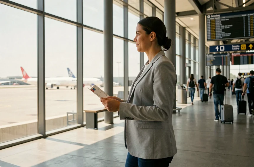 Voyageuse dans un terminal d'aéroport californien tenant une carte d'embarquement pour un vol Los Angeles - San Francisco