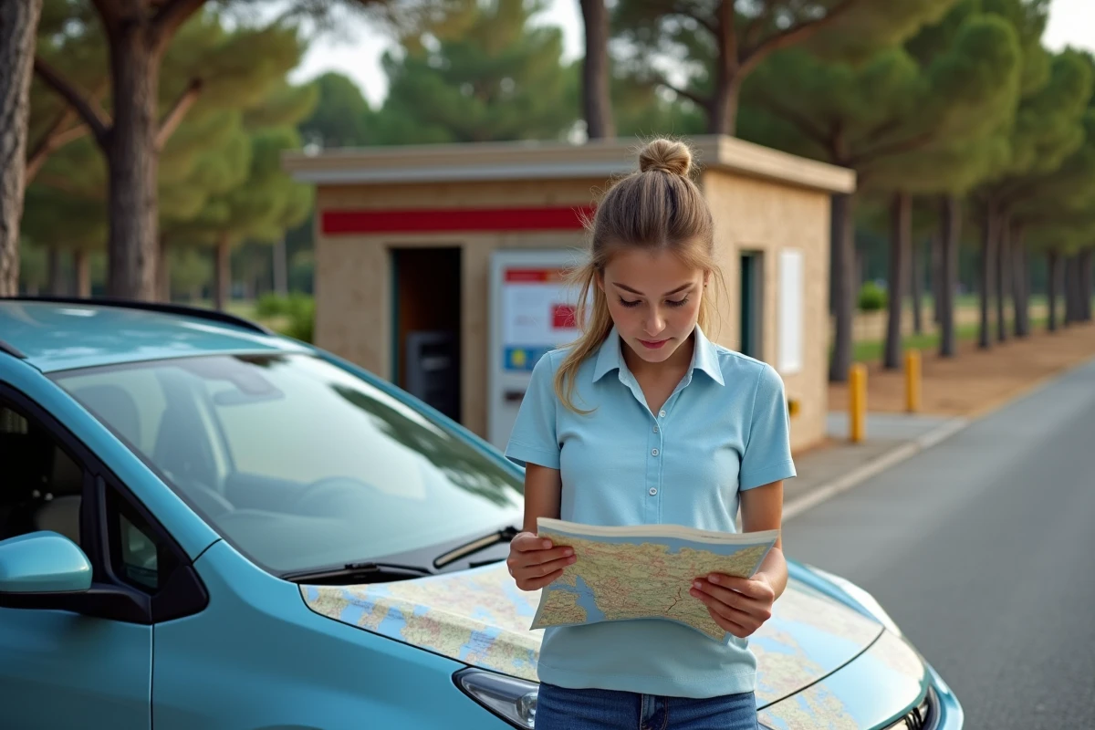 Voyageuse consultant une carte routière à une aire de repos sur une autoroute espagnole