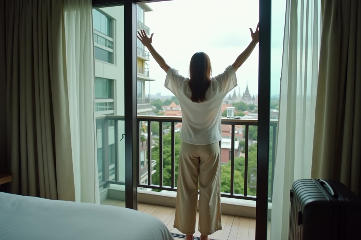 Voyageuse s'étirant sur un balcon à Bangkok après avoir géré le décalage horaire avec Paris