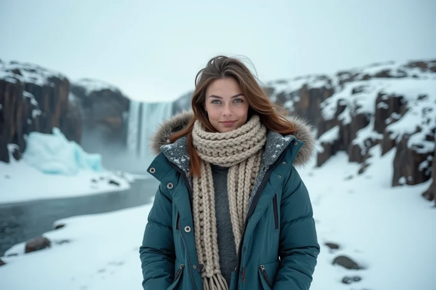 Voyageuse en parka d'hiver debout sur un paysage volcanique enneigé en Islande avec une cascade gelée en arrière-plan