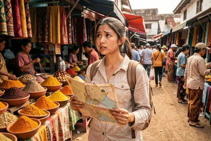 Voyageuse occidentale découvrant un marché local animé en Asie du Sud-Est, illustrant le choc culturel et le dépaysement