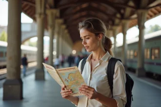Voyageuse étudiant son pass Eurail sur un quai de gare européenne en 2026