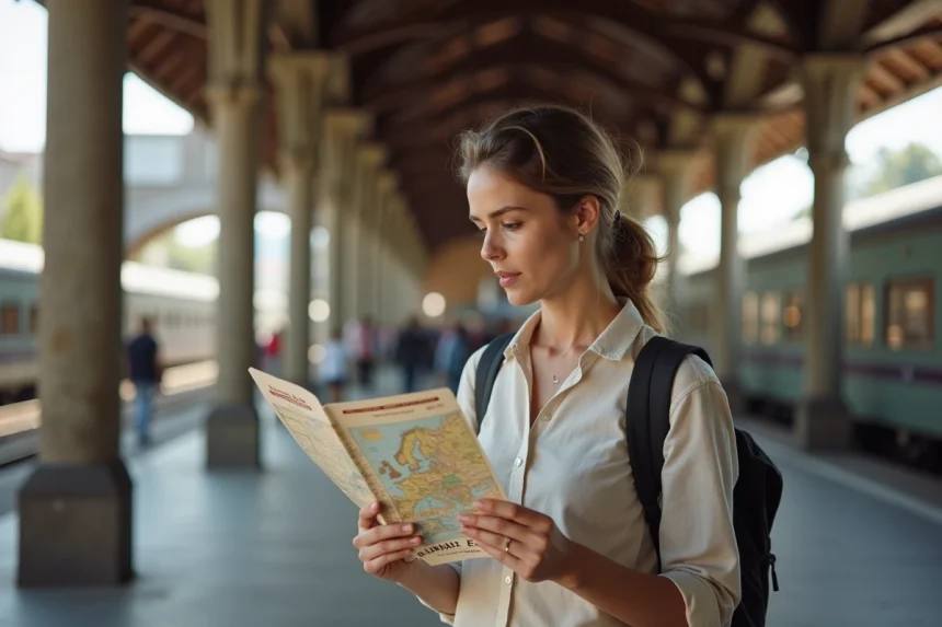 Voyageuse étudiant son pass Eurail sur un quai de gare européenne en 2026
