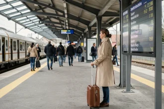 Voyageuse sur un quai de gare en Allemagne avec tableau des départs vers Speyer