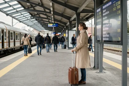 Voyageuse sur un quai de gare en Allemagne avec tableau des départs vers Speyer