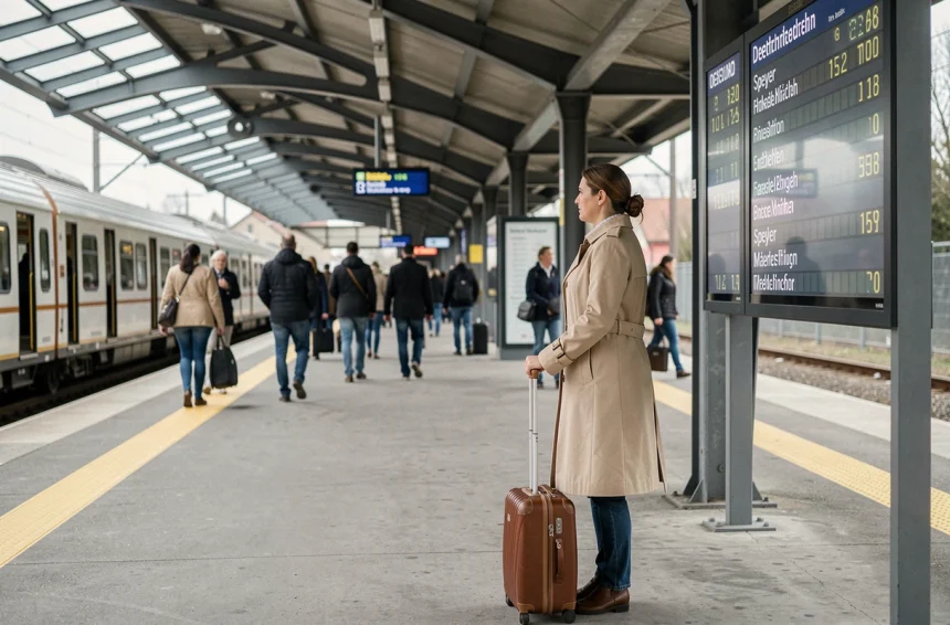 Voyageuse sur un quai de gare en Allemagne avec tableau des départs vers Speyer