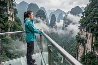 Voyageuse solo sur la passerelle en verre de la montagne Tianmen à Zhangjiajie, Chine, avec vue sur les gorges brumeuses