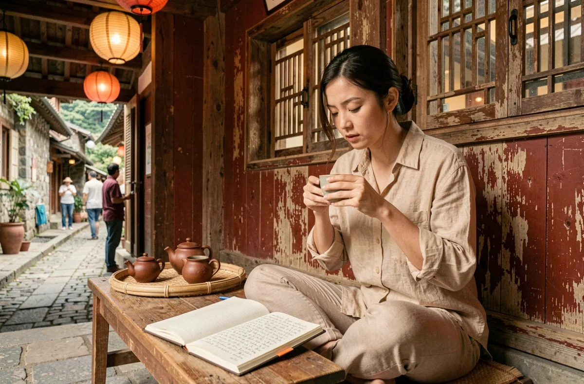 Voyageuse solo prenant des notes dans un salon de thé traditionnel chinois au village de Zhangjiajie avec décor authentique en bois et lanternes