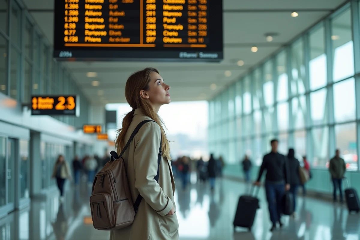 Voyageuse consultant un tableau des départs Transavia dans un aéroport européen