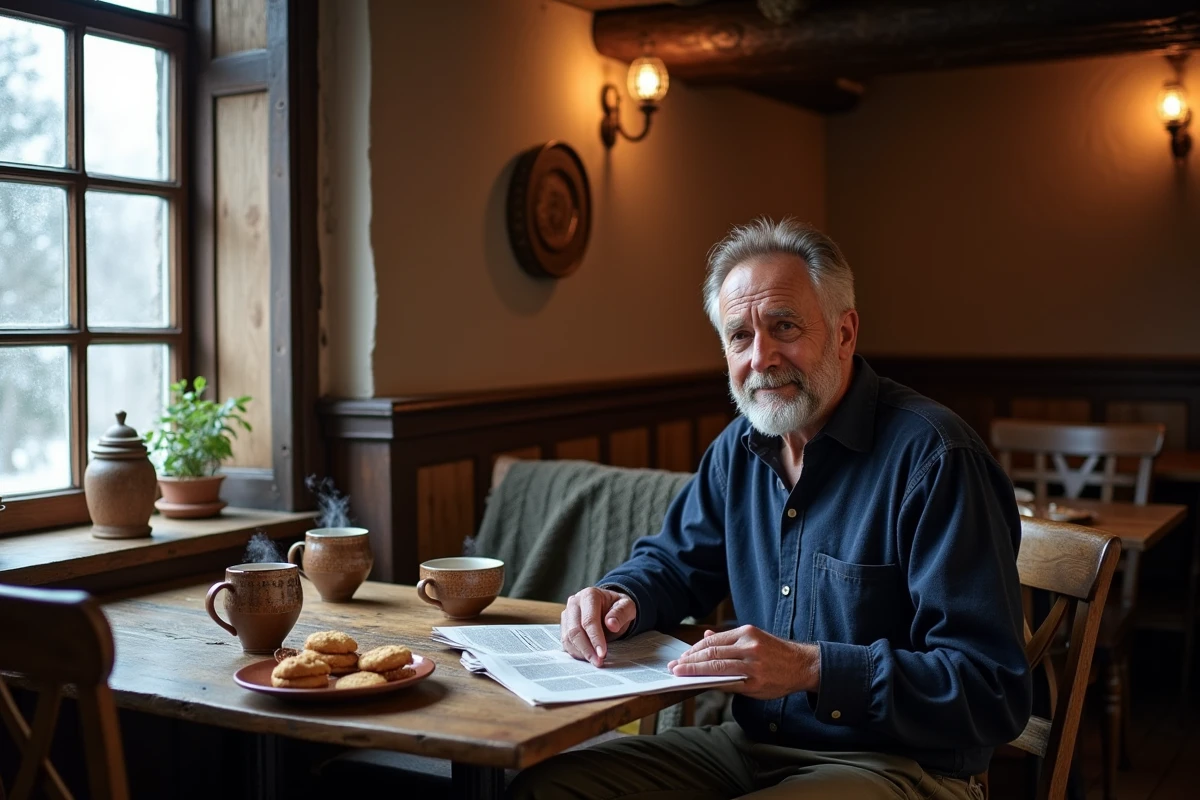 Intérieur chaleureux d'une winstub alsacienne traditionnelle avec un homme lisant près d'une fenêtre givrée et des mugs de vin chaud sur une table en bois rustique