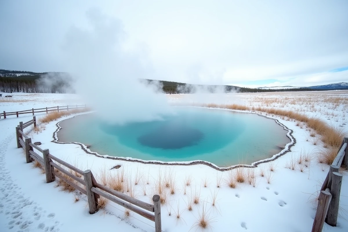 Sources géothermiques de Yellowstone en hiver avec des bassins bleus turquoise contrastant avec la neige et la vapeur naturelle